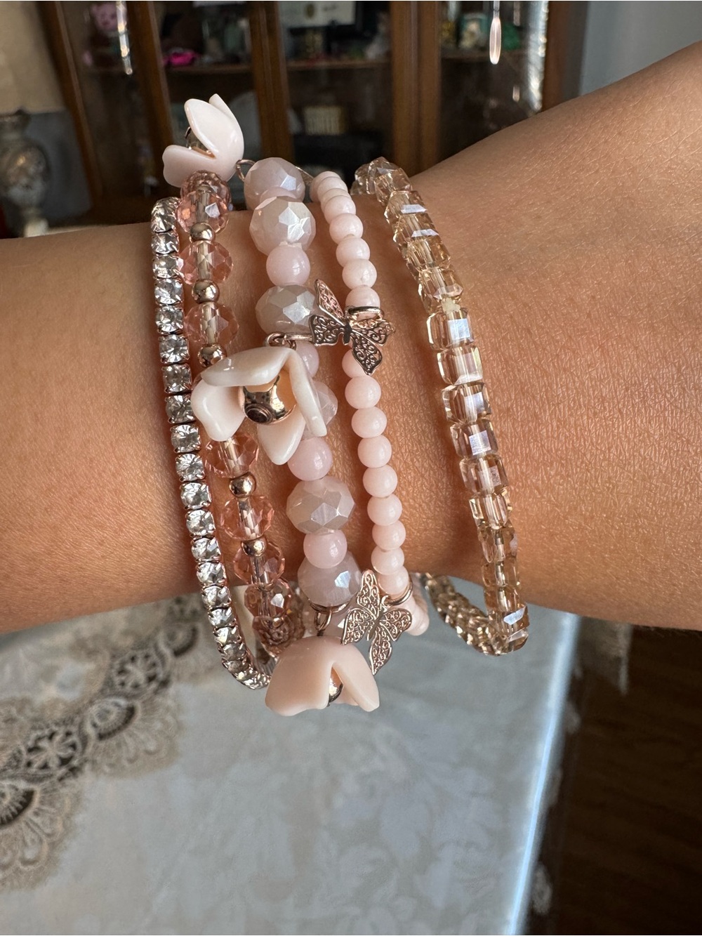 Delicate Pink Beaded Stretchy Bracelet Set with Butterfly & Flower Accents